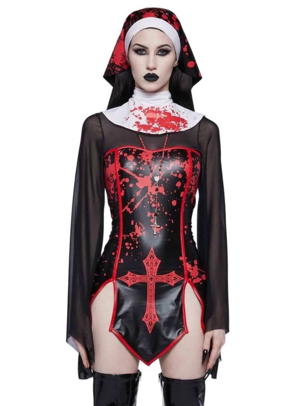 Gothic Bloody Nun Costume Bodysuit in Black & Red